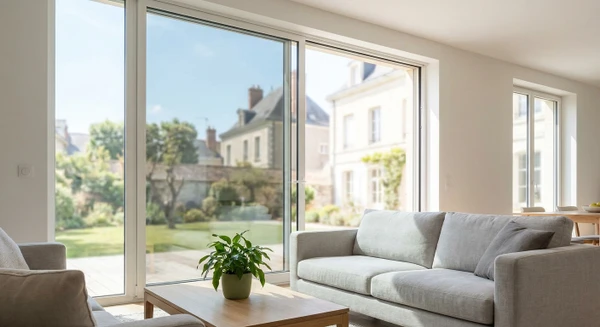 Intérieur résidentiel moderne avec grandes baies vitrées exposées au soleil. Les vitres sont équipées d'un film solaire anti-chaleur appliqué de manière professionnelle. Voir la différence nette entre les vitres traitées (teintées légèrement pour réduire l'éblouissement et la chaleur) et la lumière naturelle pénétrant l'intérieur. L'intérieur montre un salon confortable avec mobilier, bénéficiant d'une protection thermique efficace. La clarté à travers le film solaire démontre que la solution préserve la vue tout en réduisant les apports calorifiques.