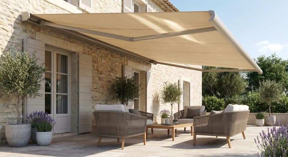 Terrasse contemporaine avec piscine intégrée, cuisine extérieure équipée d'un barbecue encastré, mobilier de jardin rayé noir et blanc