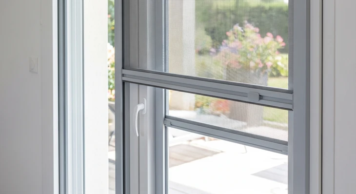 Vue rapprochée d'une moustiquaire sur mesure installée sur une fenêtre ou porte-fenêtre d'une habitation. La moustiquaire doit être clairement visible, montrant sa toile fine de protection contre les insectes, son cadre discret en aluminium (gris ou blanc), et idéalement un système de glissage ou d'articulation bien visible. La scène doit être prise en lumière naturelle, montrant à travers la moustiquaire une vue vers l'extérieur (jardin ou terrasse floue), illustrant la fonction de protection tout en conservant la transparence et la vue.