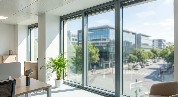 Gros plan sur une vitre de bâtiment ou une baie vitrée avec film solaire anti-chaleur appliqué, visible à travers une légère teinte protectrice. Vue de l'intérieur d'une pièce ensoleillée avec la lumière naturelle traversant le film, montrant clairement l'effet de protection thermique. La scène doit illustrer comment le film conserve la clarté naturelle tout en filtrant la chaleur. Environnement intérieur contemporain avec vue partielle sur paysage extérieur flou en arrière-plan à travers la vitre protégée.