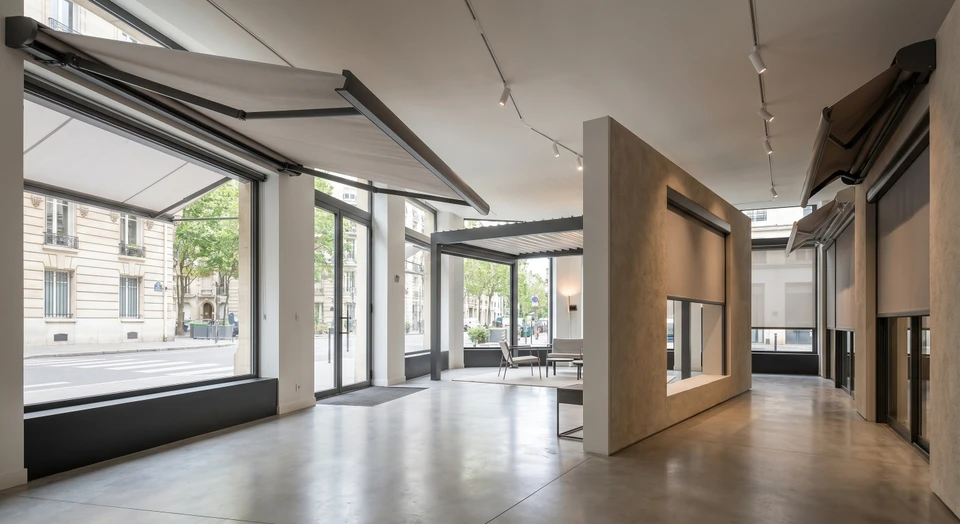 Photographie professionnelle d'un showroom dédié présentant des stores bannes de marques premium (Markilux ou Solar Screen) installés en vitrine ou en exposition murale. L'image montre plusieurs modèles de stores et fermetures exposés dans un espace moderne et bien éclairé, avec des finitions et matériaux de haute qualité visibles, illustrant l'accès à des gammes premium et le positionnement d'expert en protection solaire.