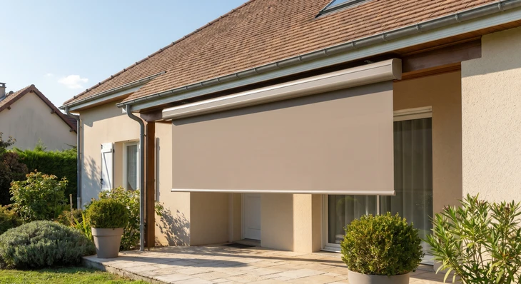 Photographie professionnelle d'une terrasse résidentielle avec un store banne monobloc de couleur beige/taupe, entièrement replié et intégré discrètement sous l'avancée du toit existant. La terrasse ensoleillée est vide de mobilier pour clarifier la vision du produit. L'arrière-plan montre une maison résidentielle classique avec quelques plantations. La lumière naturelle doit mettre en évidence la discrétion et la compacité du store en position repliée.