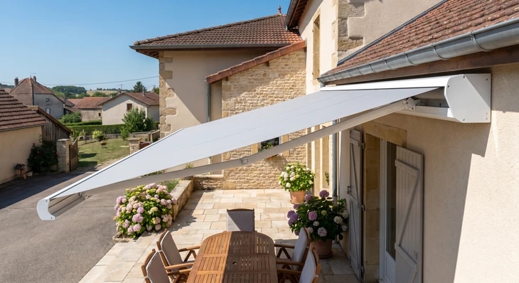 Photographie professionnelle d'une terrasse résidentielle ou de maison montrant un store banne à coffre intégral déployé. La toile et les bras doivent être visibles et clairement protégés dans un coffre de qualité. La terrasse est ensoleillée avec ciel bleu. Le store est en position ouverte/déployée créant une zone d'ombrage sur la terrasse. On aperçoit peut-être quelques plantes ou un mobilier de terrasse discret pour montrer l'utilisation réelle. L'arrière-plan présente une maison résidentielle classique en Lorraine. La photo doit mettre en évidence l'élégance et la protection supérieure du coffre intégral par rapport aux autres types de stores bannes.