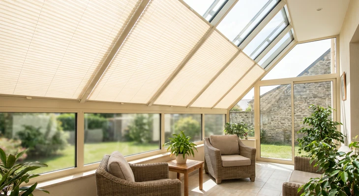 Intérieur lumineux d'une véranda moderne avec toit vitré incliné équipé d'un store plissé blanc ou crème, partiellement déployé, contrôlant la lumière naturelle. La véranda accueille du mobilier élégant et des plantes, mettant en évidence le confort et la praticité du store plissé adapté aux configurations atypiques.