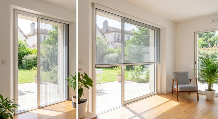 Fenêtre ou porte d'intérieur équipée d'une moustiquaire enroulable sur mesure, vue de l'intérieur, permettant la vue claire vers l'extérieur avec la moustiquaire partiellement déroulée montrant la toile fine et discrète. L'environnement doit être un intérieur résidentiel lumineux et moderne, mettant en évidence la praticité et l'élégance de la solution.