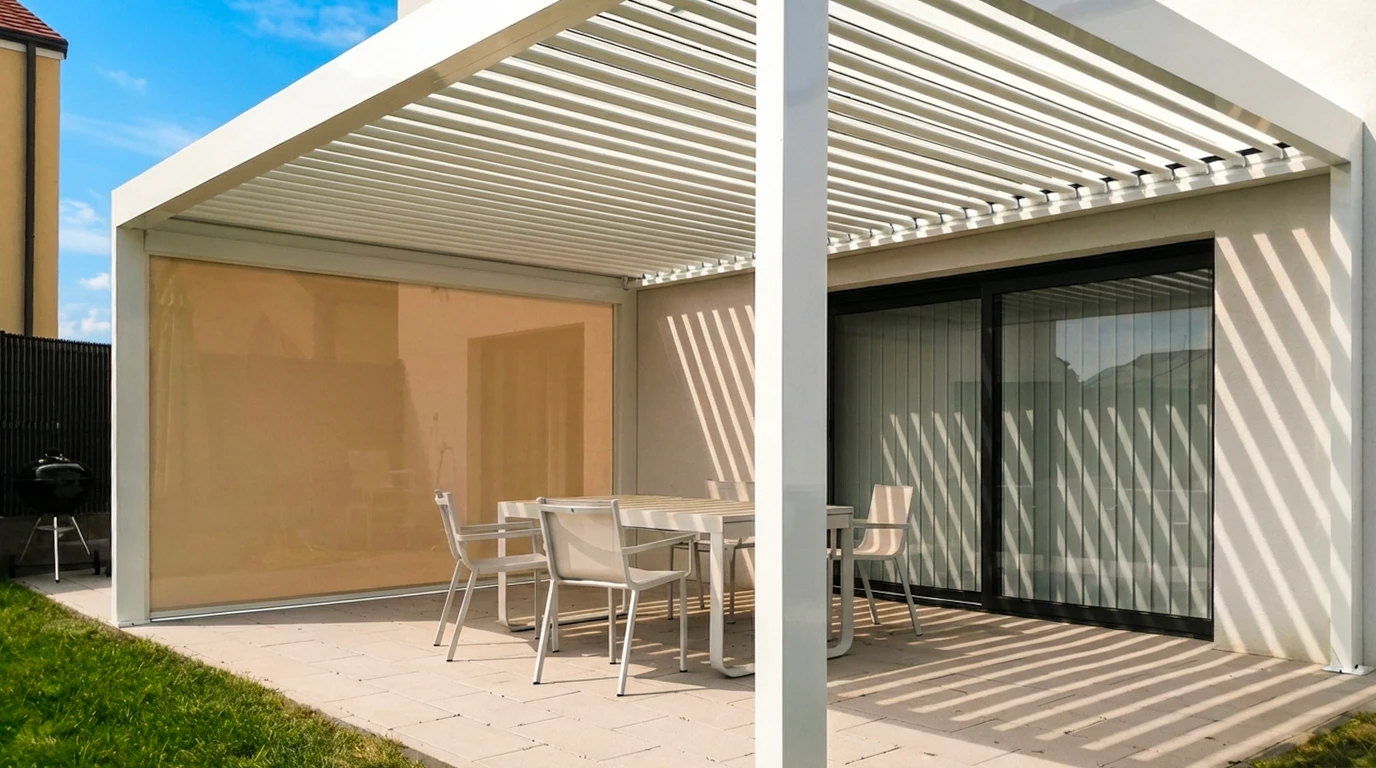 Un showroom moderne et accueillant spécialisé dans les solutions de stores et protection solaire. L'espace comprend des samples de stores bannes avec différentes toiles colorées et textures affichées sur des structures de démonstration, des moustiquaires sur cadre, des pergolas partiellement déployées, des échantillons de films solaires et toiles translucides visibles à la lumière. Des clients ou vendeurs sont discrets en arrière-plan. L'espace est bien éclairé, professionnel et conçu pour toucher et comparer les matériaux.