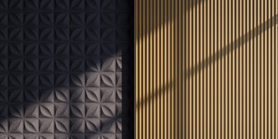 Agencement de panneaux acoustiques en mousse alvéolée grise disposés en damier