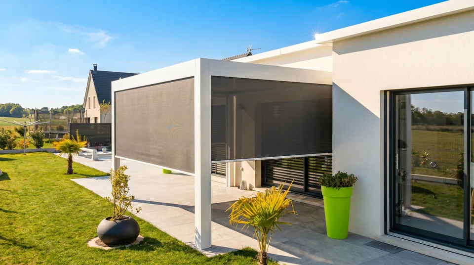 Terrasse extérieure moderne avec pergola bioclimatique à lames orientables, mobilier de jardin contemporain sur plancher bois